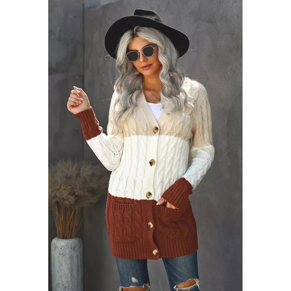 Colorblock Knit Cardigan With Pockets - Picture 2 of 6